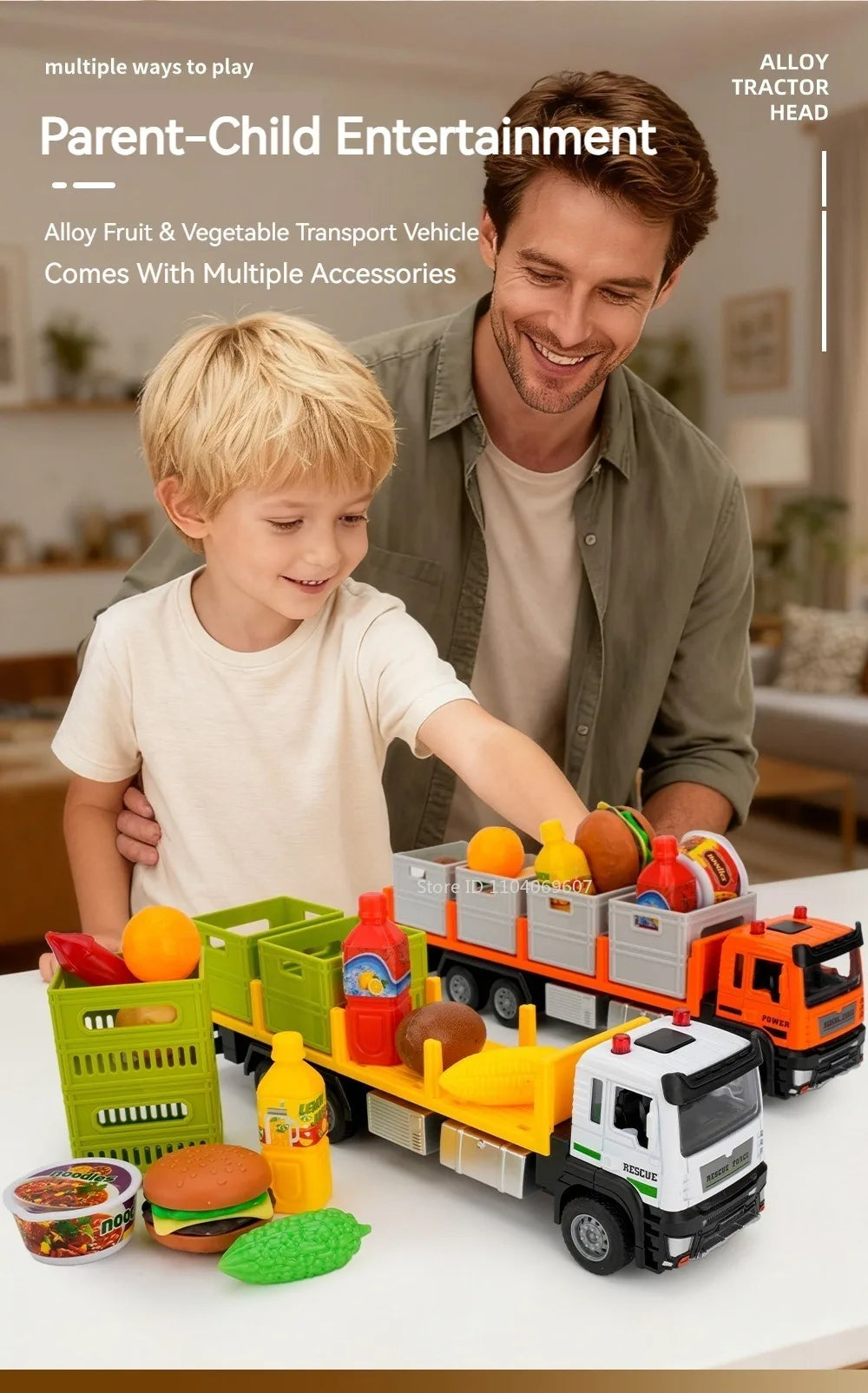 A boy is playing with a diecast metal fruit and vegetable transport truck model and various accessories.