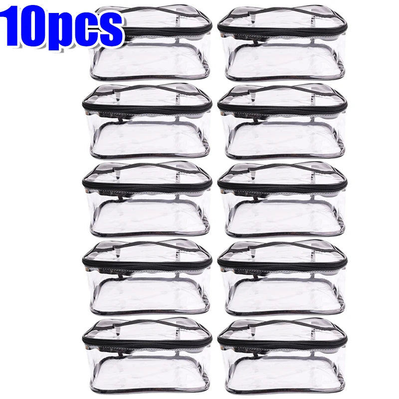 Ten clear transparent storage bags with zippers for organizing toys, cosmetics, and travel items