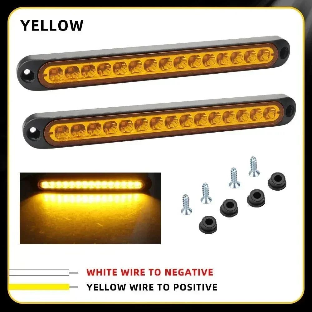 A yellow LED light bar with a white wire to negative and a yellow wire to positive, shown alongside the complete light bar.