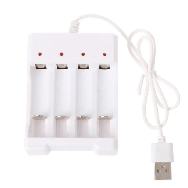 White battery charger with three slots for AA and AAA rechargeable batteries