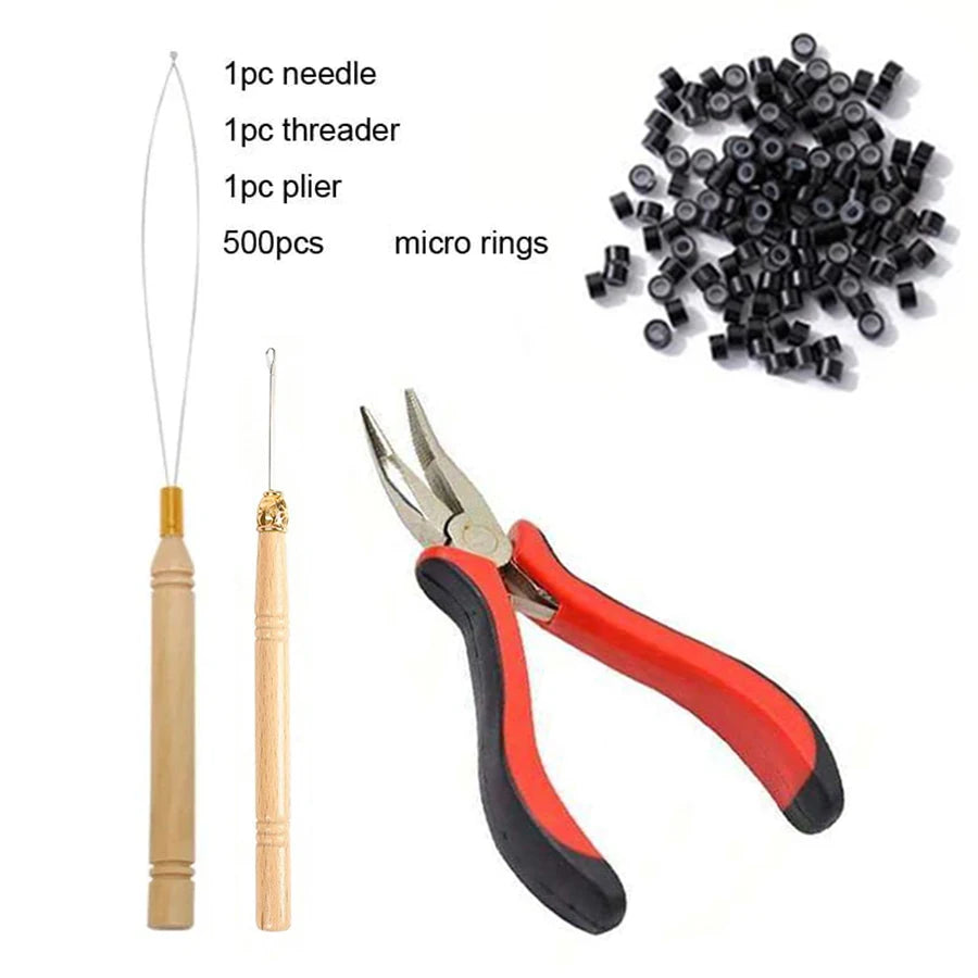 Complete hair extension installation kit including a needle, threader, pliers, and 500 micro rings.