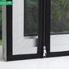 A close-up view of a black window screen with a mesh insert and a zipper closure.