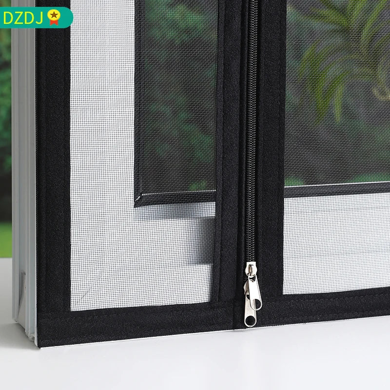 A close-up view of a black window screen with a mesh insert and a zipper closure.