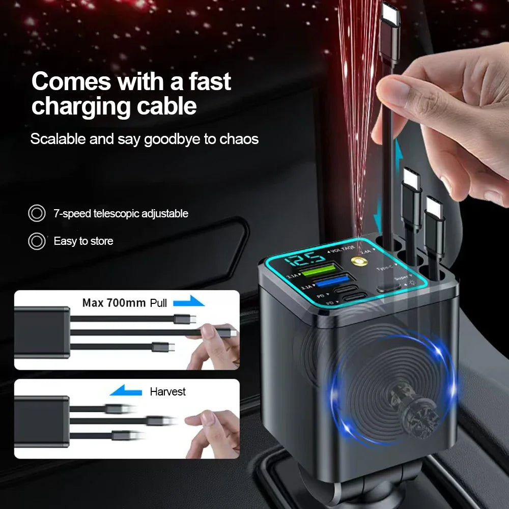 7-in-1 120W Car Charger with Retractable Cables and Digital Voltmeter