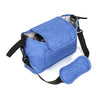 A blue stroller organizer bag with a cup holder and black straps.