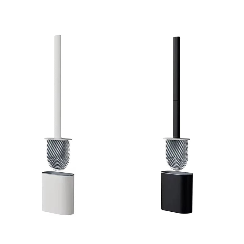 Wall-mounted toilet brush set featuring a black handle and a silicone cleaning head.