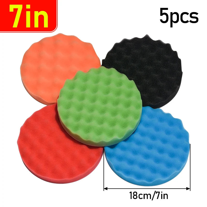 A set of five colored foam polishing pads for car detailing, including orange, green, red, and blue pads.