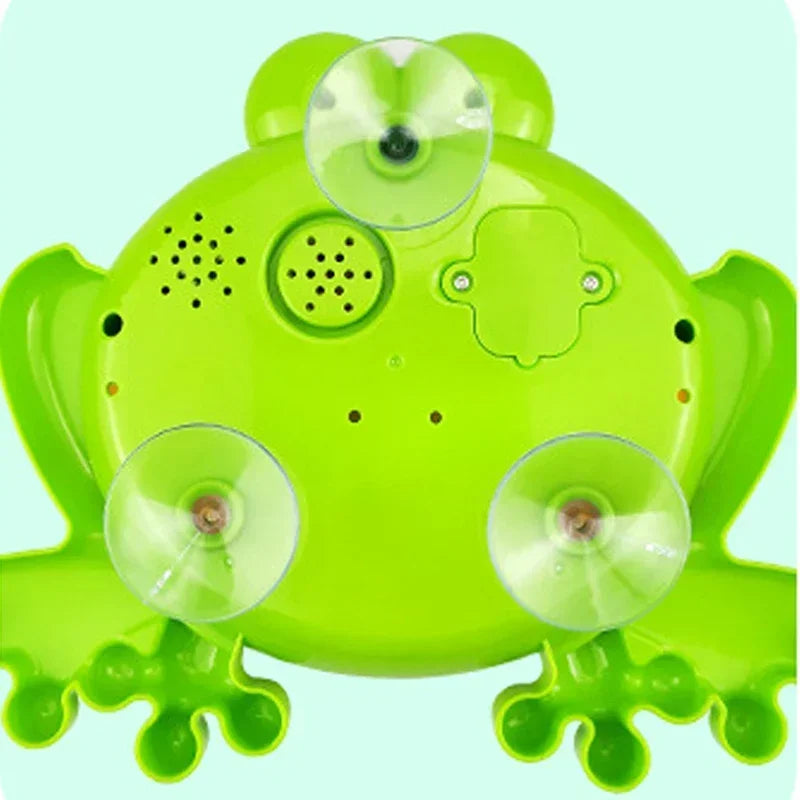 A bright lime green musical bubble maker bath toy with multiple nozzles and decorative fins.
