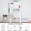 A white desktop pegboard organizer set featuring shelves, hooks, and various accessories for organization.