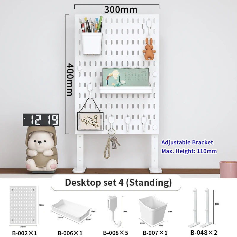A white desktop pegboard organizer set featuring shelves, hooks, and various accessories for organization.