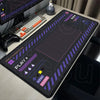 A black mouse pad featuring a Japanese art design with pink and purple lines, used for gaming or computer peripherals.