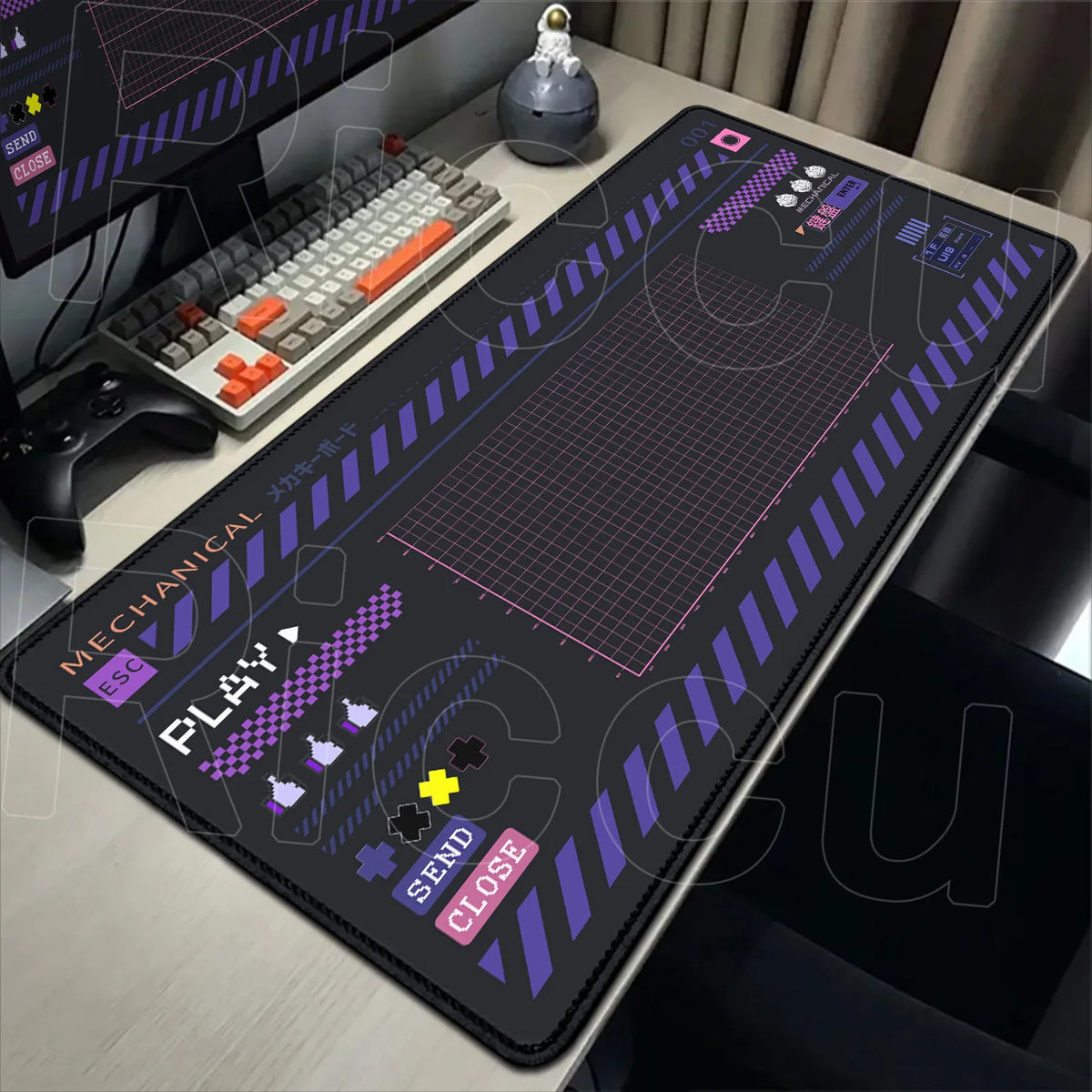 A black mouse pad featuring a Japanese art design with pink and purple lines, used for gaming or computer peripherals.