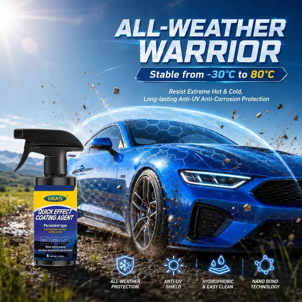 A blue car is shown with a protective coating applied, emphasizing all-weather warrior protection and anti-corrosion features