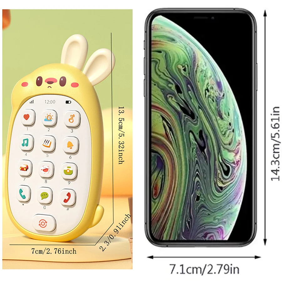 A yellow rabbit-shaped baby music phone toy with a teether is shown next to a smartphone displaying an abstract green and pur