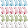 A collection of pink and light blue cascading clothes hanger connector hooks for wardrobe organization.