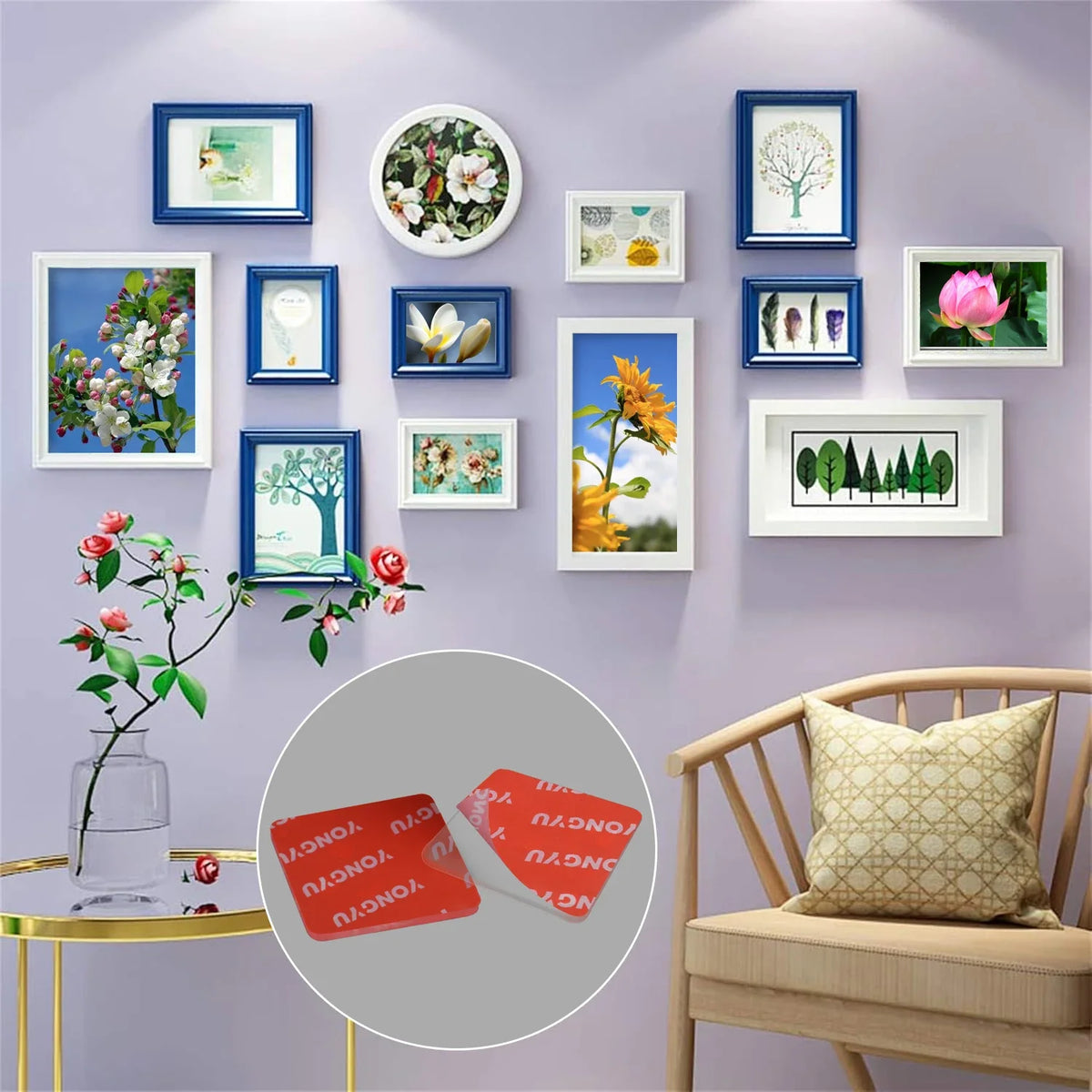 A collection of framed botanical and nature prints displayed on a purple wall.