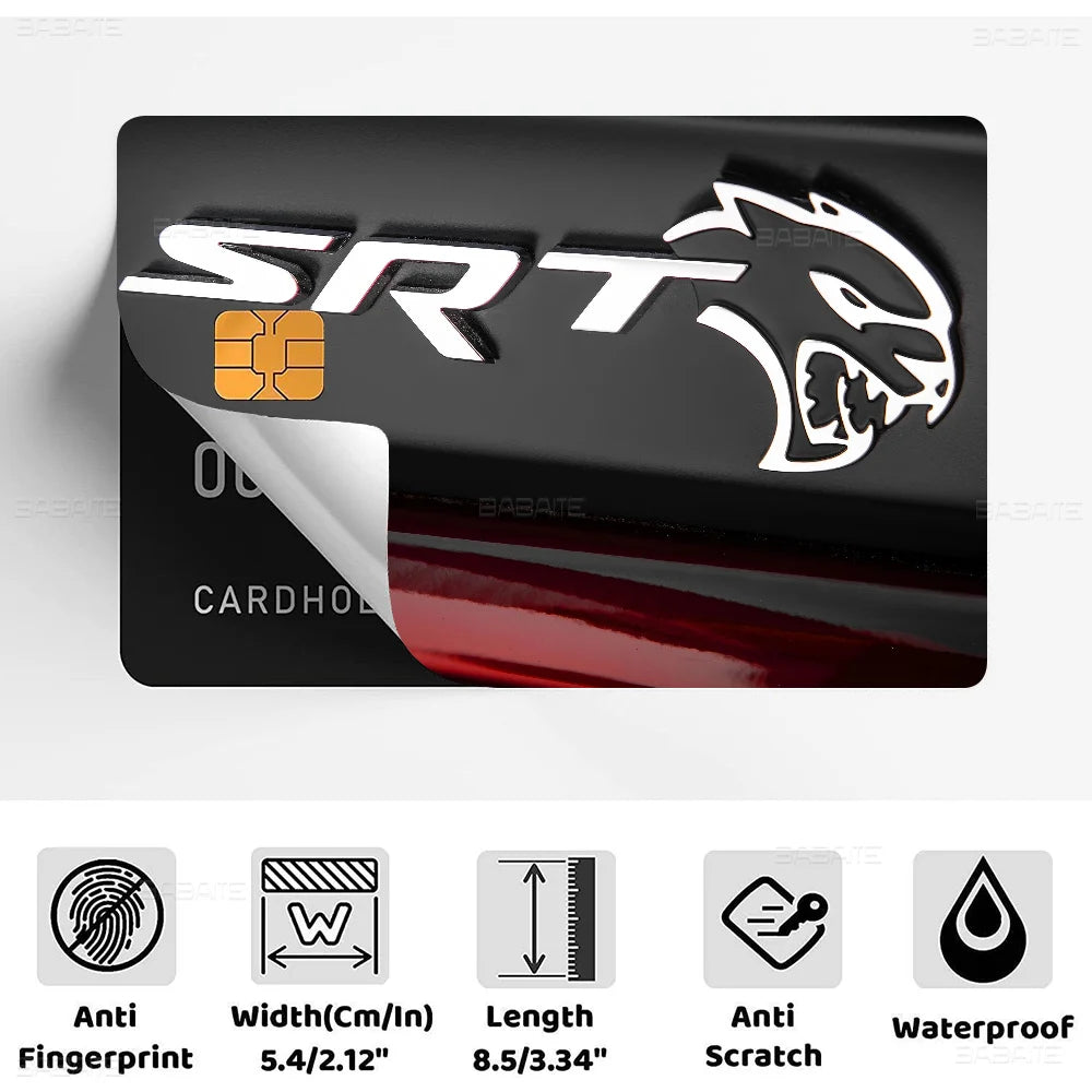 Black credit card skin cover sticker featuring the SRT logo and anti fingerprint, scratch, and waterproof protection.