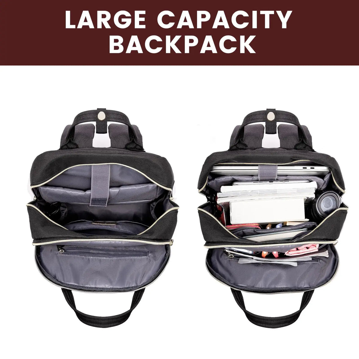 A large capacity black anti-theft laptop backpack shown from the back view.