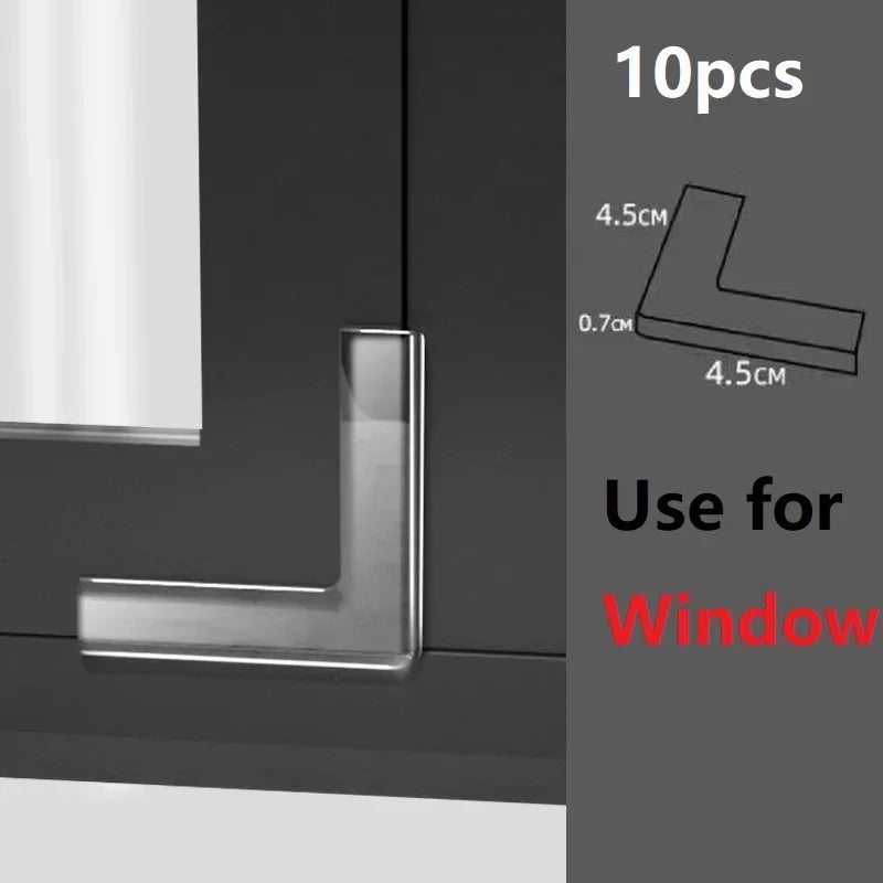 Silver silicone corner edge guards for window safety, showing various sizes and installation context.
