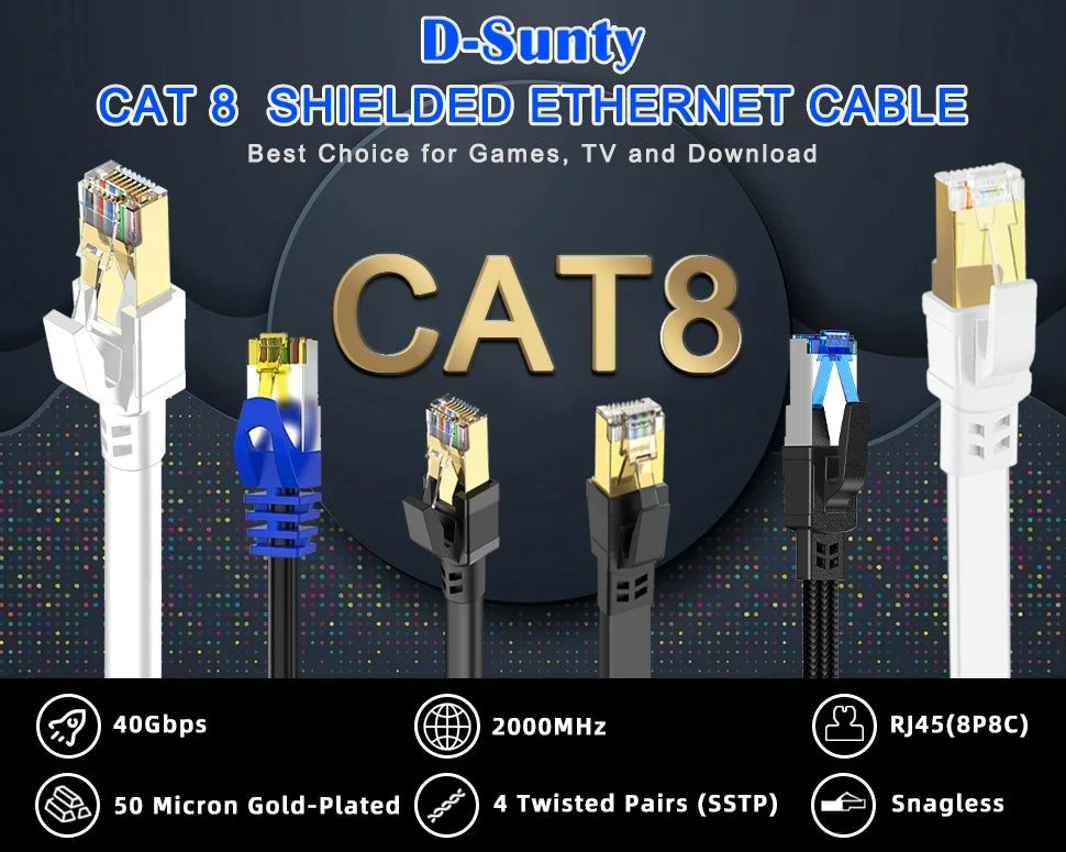 D-Sunty CAT8 abgeschirmtes Ethernet-Kabel mit RJ45-Steckern und Goldbeschichtung für Hochgeschwindigkeitsdatenübertragung