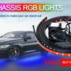 A black BMW car is shown with an RGB light strip installed on its chassis, next to a coiled light cable and a smartphone.