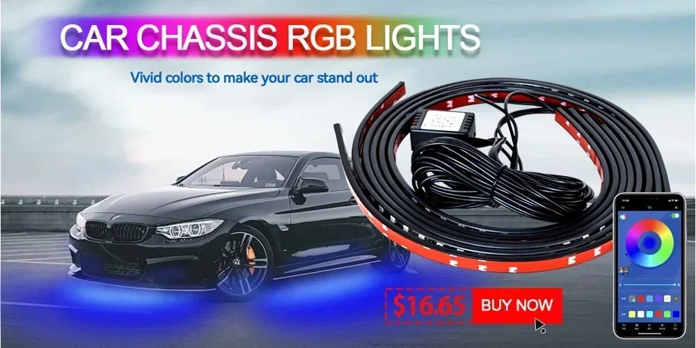 A black BMW car is shown with an RGB light strip installed on its chassis, next to a coiled light cable and a smartphone.