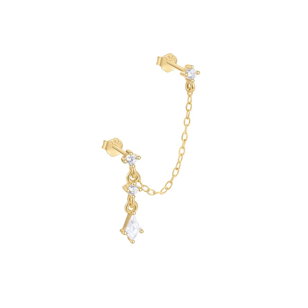 Arete de plata de ley dorado con cadena y borla de CZ brillante.