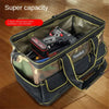 A black and olive green tool kit bag with a camouflage pattern, holding a power tool.