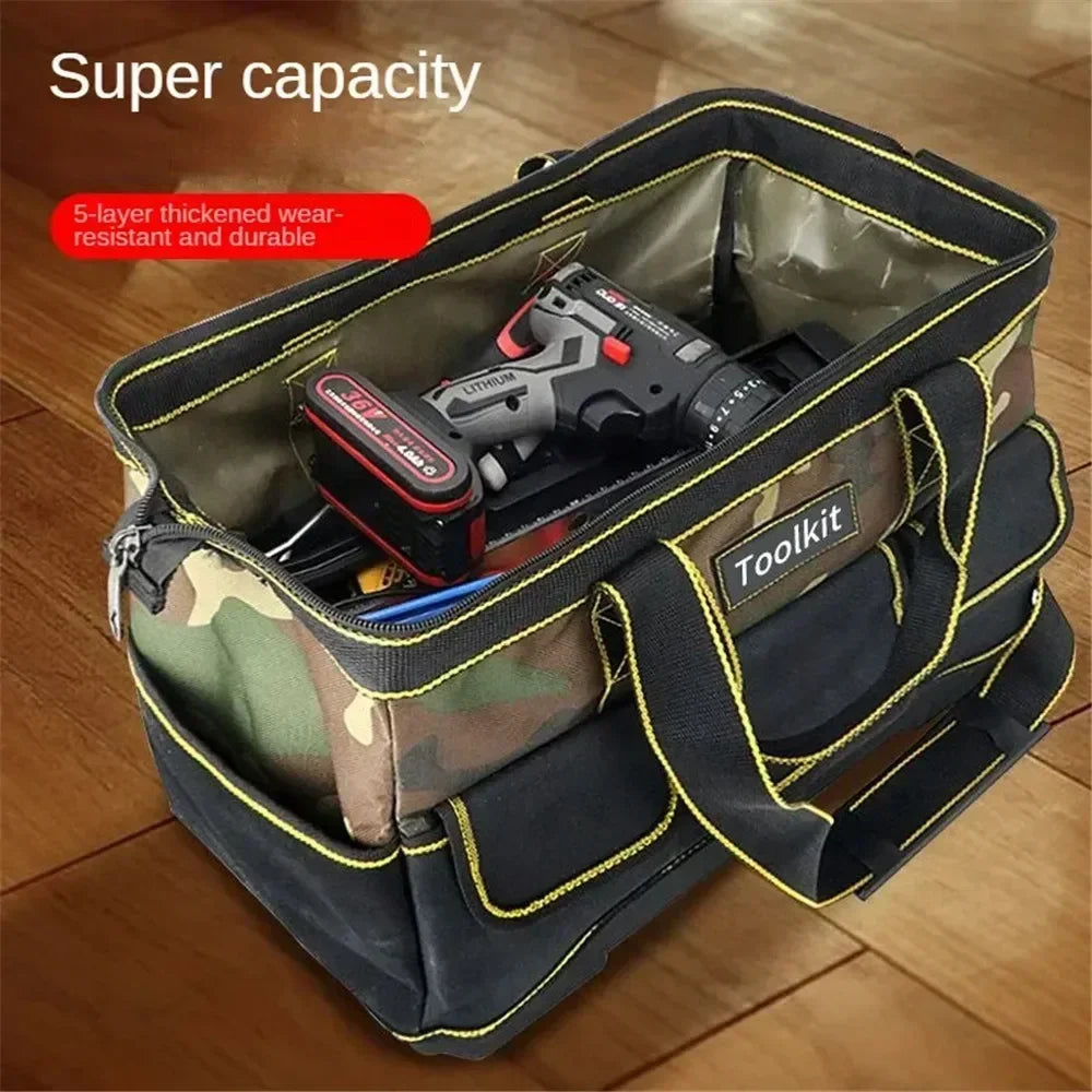 A black and olive green tool kit bag with a camouflage pattern, holding a power tool.