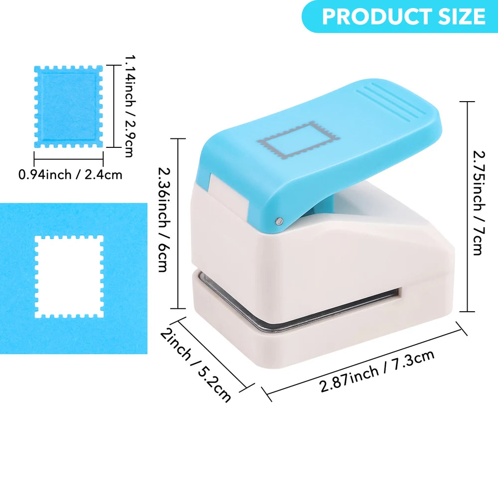 A light blue postage stamp embossing punch tool with measurements displayed.