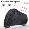 Black all-weather motorcycle cover with anti-theft locks shown in a draped position.