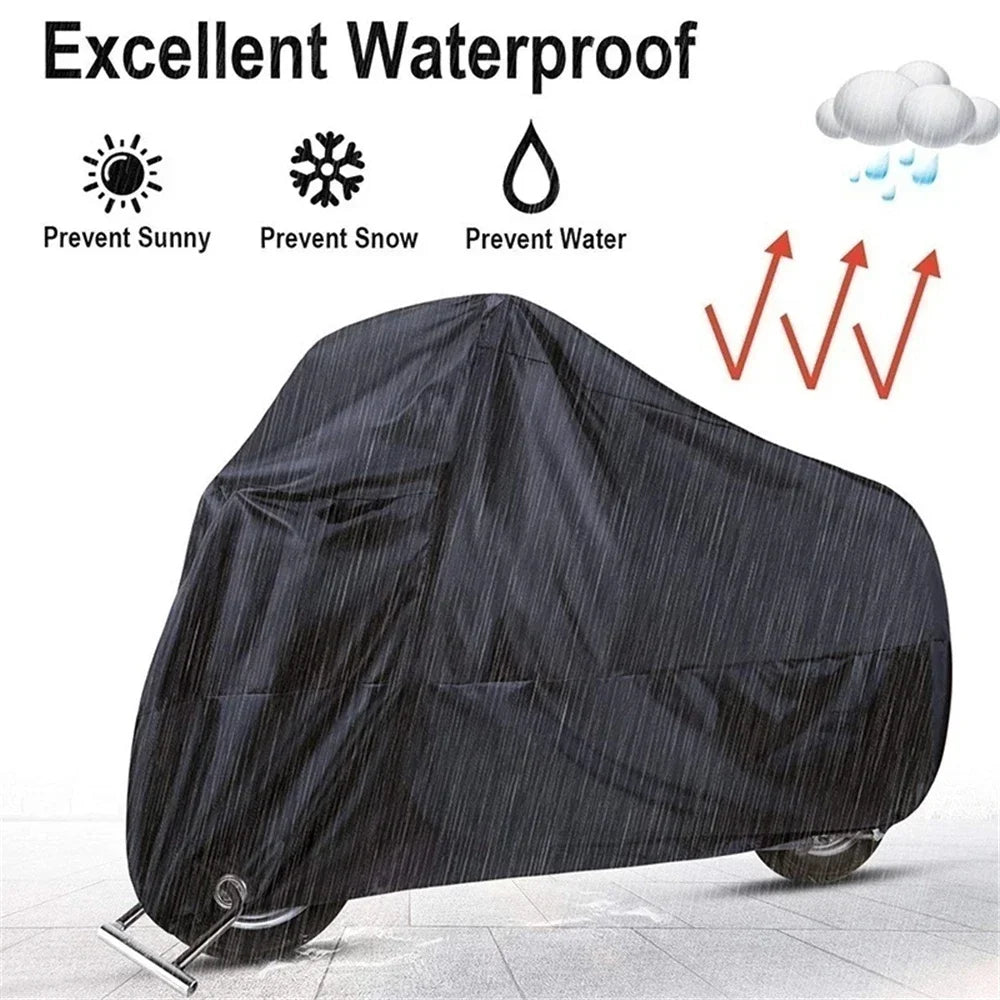 Black all-weather motorcycle cover with anti-theft locks shown in a draped position.