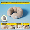 A beige inflatable U-shaped travel neck pillow shown with a storage bag and demonstrating its portable and comfortable featur