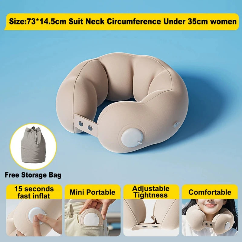 A beige inflatable U-shaped travel neck pillow shown with a storage bag and demonstrating its portable and comfortable featur