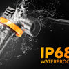A waterproof LED headlight bulb is shown splashing water against a dark background, with related product options displayed on