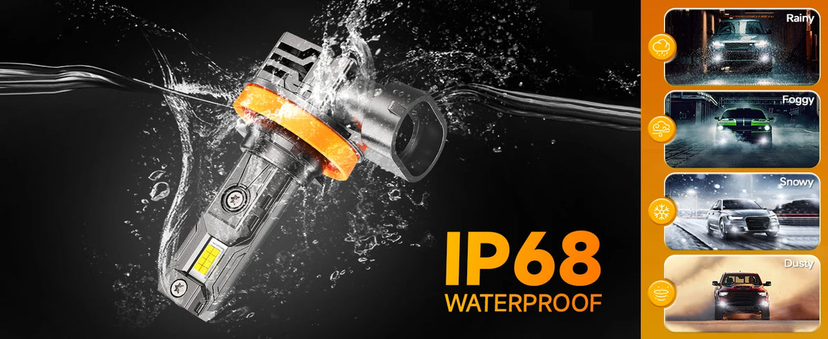 A waterproof LED headlight bulb is shown splashing water against a dark background, with related product options displayed on