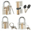 A set of transparent practice padlocks for locksmith training, including a large padlock and several smaller keys.