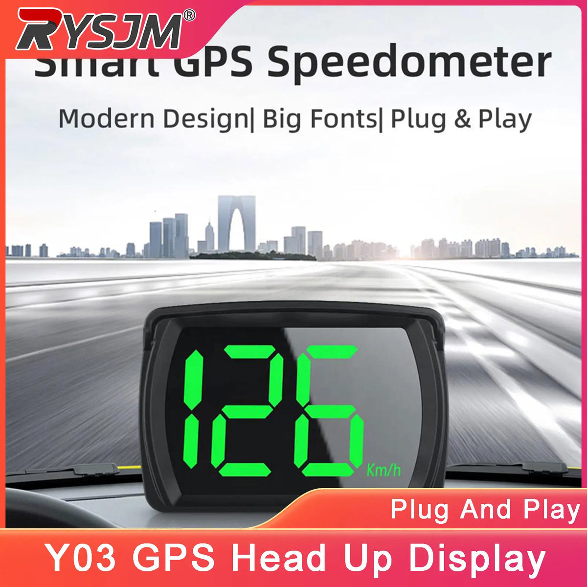 A black GPS speedometer with a bright green digital display showing 126 Km/h mounted in a car dashboard.