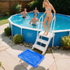 A woman stands on a ladder entering a blue inflatable foot soaking basin filled with water, while a man swims nearby.
