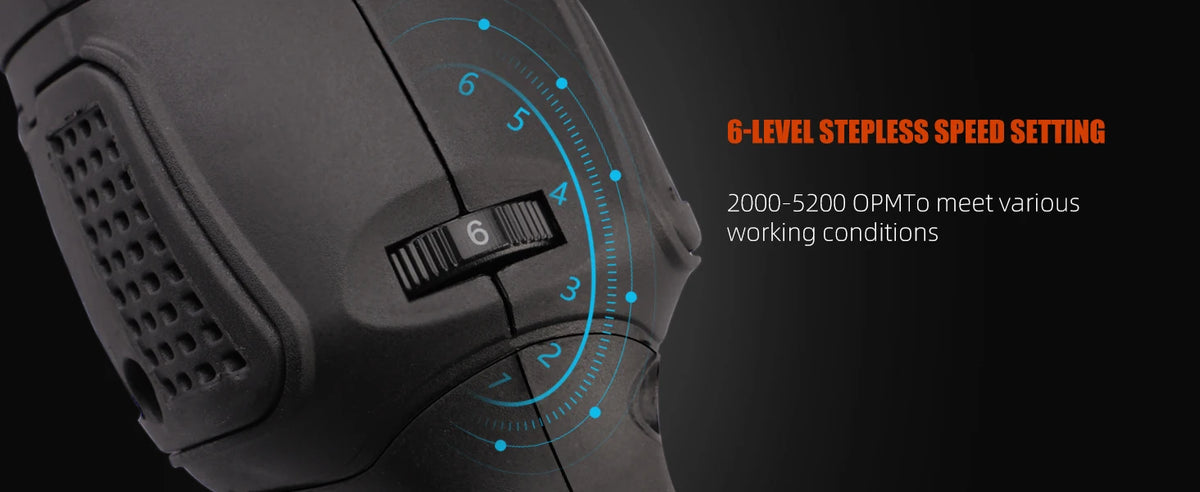 Close-up view of a black dual action polisher showing a 6-level stepless speed setting dial.