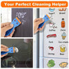 A blue plastic scraper tool is shown cleaning various food items inside a refrigerator.