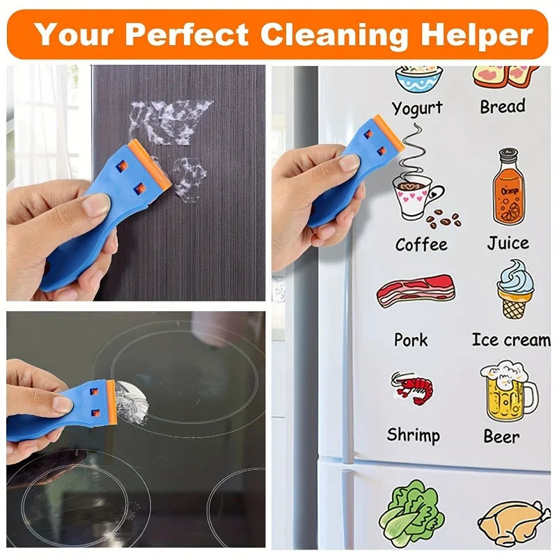 A blue plastic scraper tool is shown cleaning various food items inside a refrigerator.
