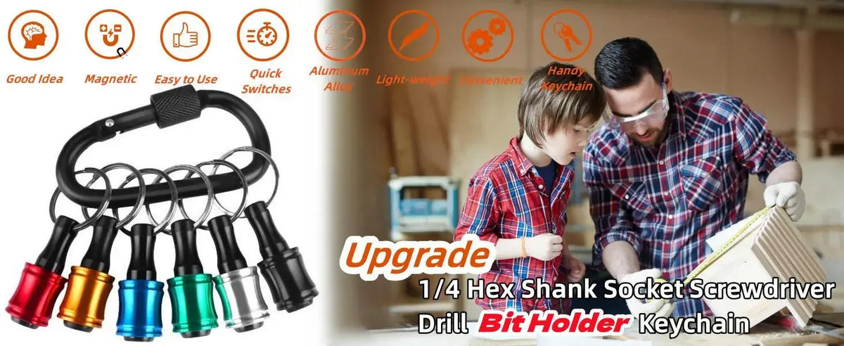 A magnetic 1/4 hex shank socket screwdriver drill bit holder keychain with quick-release chuck shown next to a man and boy.