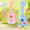 A pink ukulele toy guitar with a cat design and a blue ukulele toy guitar with a giraffe design.