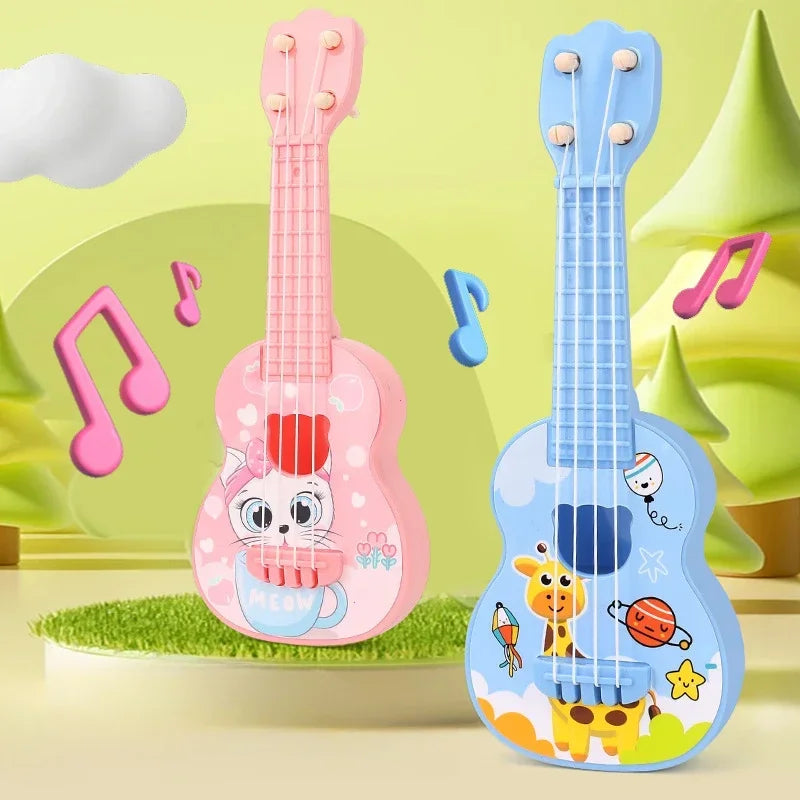 A pink ukulele toy guitar with a cat design and a blue ukulele toy guitar with a giraffe design.