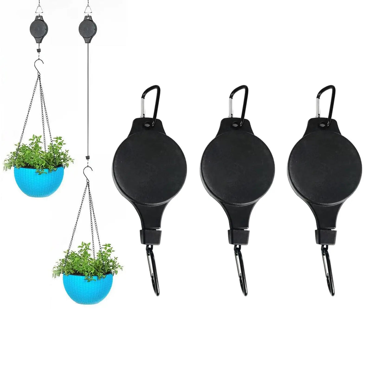 Four black adjustable hanging plant pulleys with metal chains and blue flower pots.