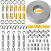 A collection of PVC-coated stainless steel wire rope with sleeves and buckles, including various diameters and lengths.