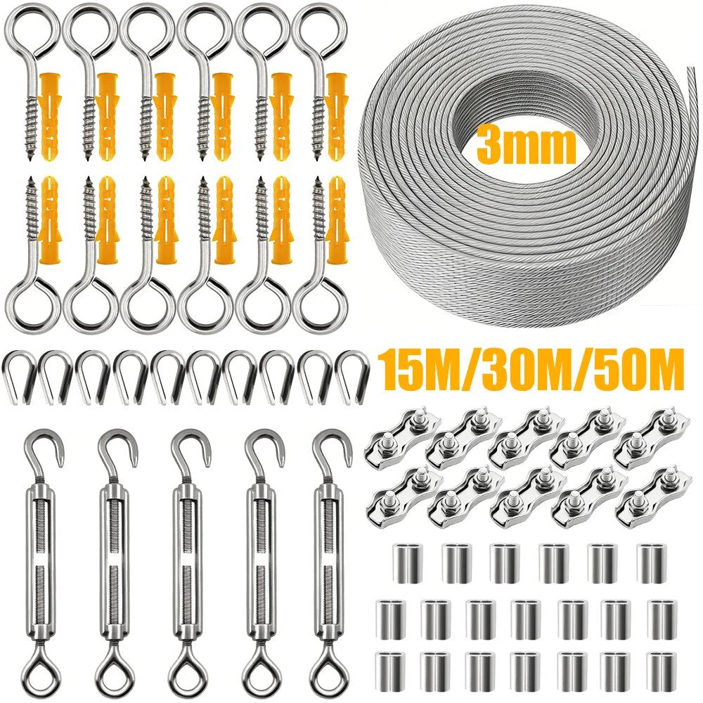 A collection of PVC-coated stainless steel wire rope with sleeves and buckles, including various diameters and lengths.
