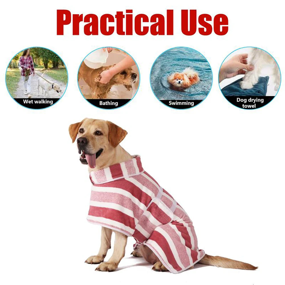 A dog wearing a red and white striped quick-dry bathrobe lies down.