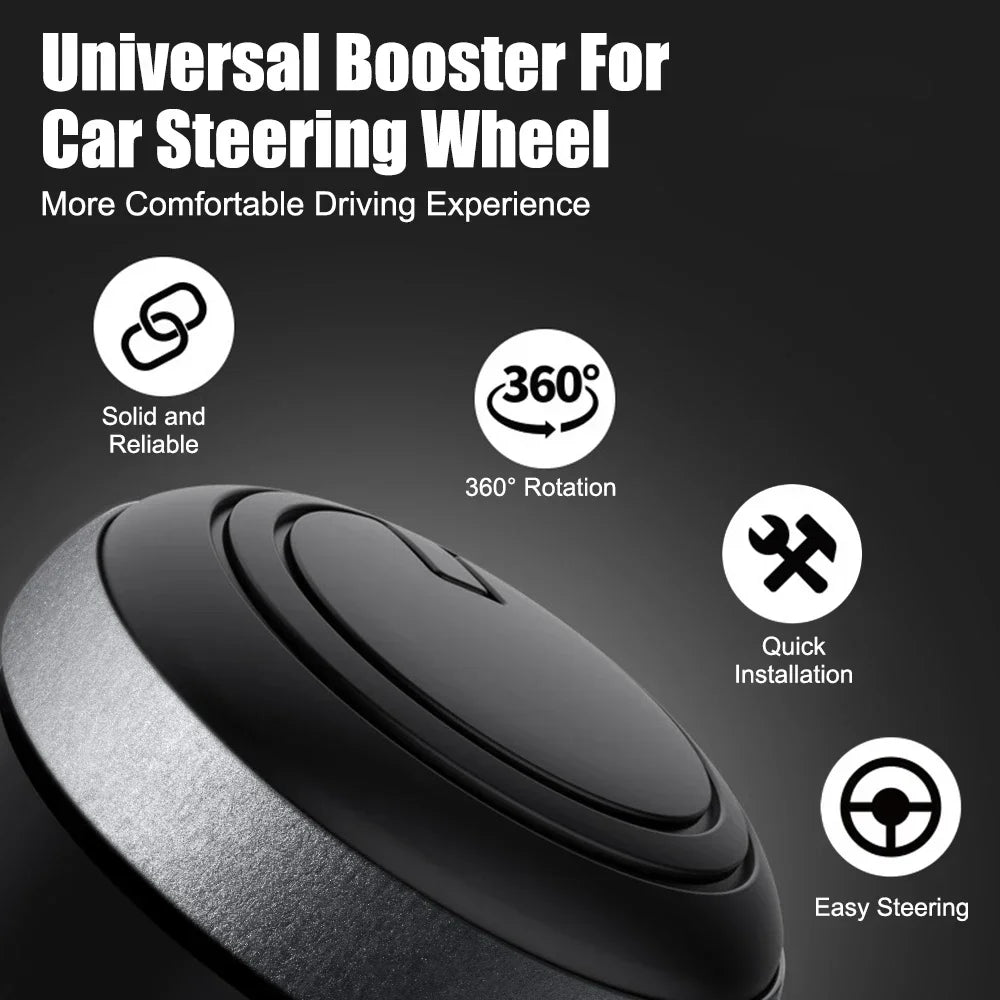A close-up view of a black 360° rotating steering wheel booster knob designed for a more comfortable driving experience.